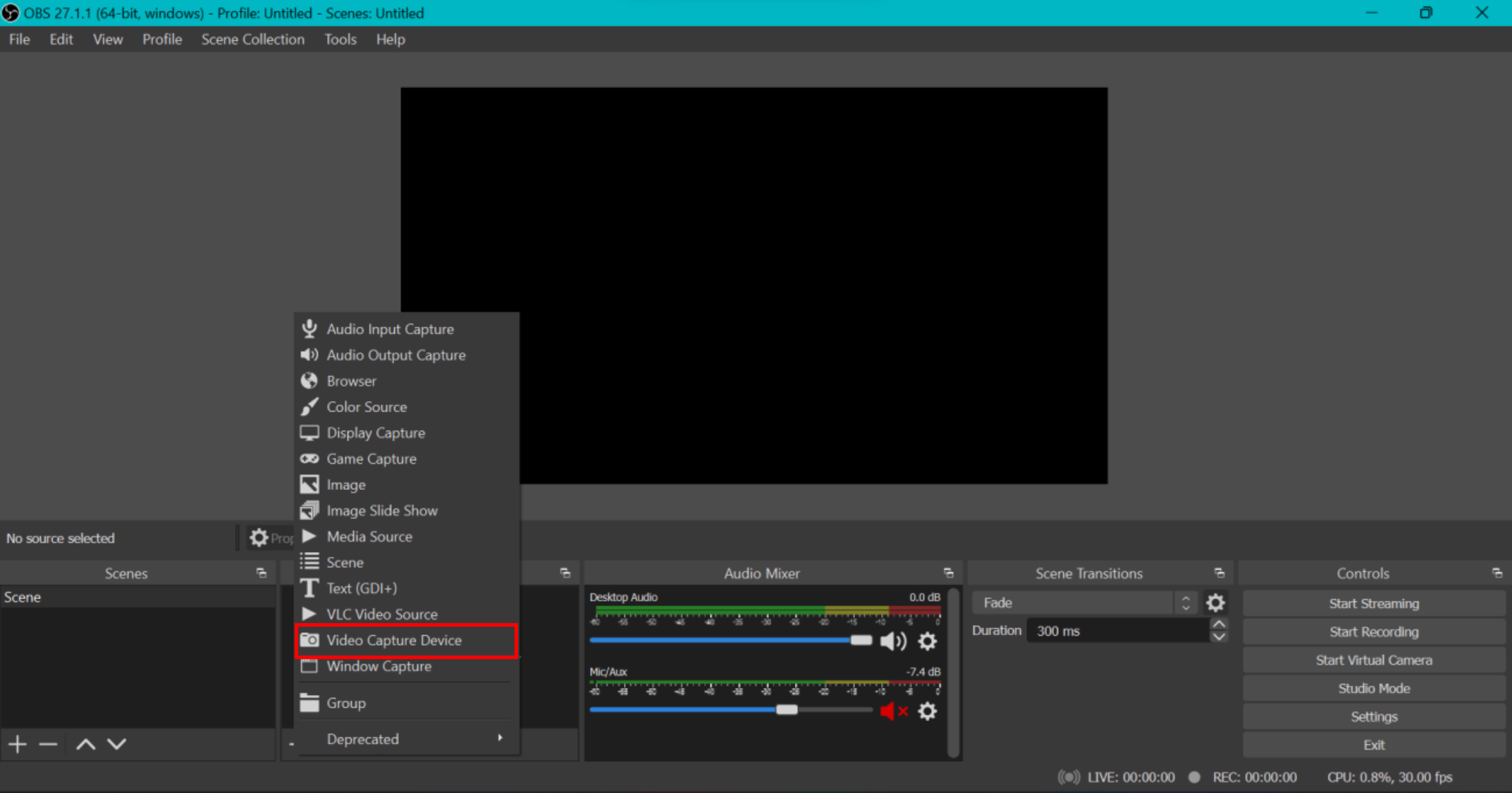 انتخاب Video Capture Device